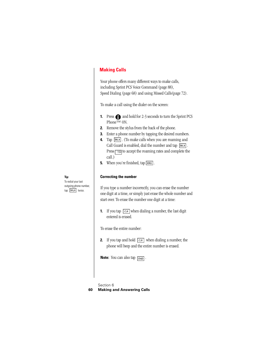 Making calls, Correcting the number | Samsung 010505D5 User Manual | Page 63 / 307