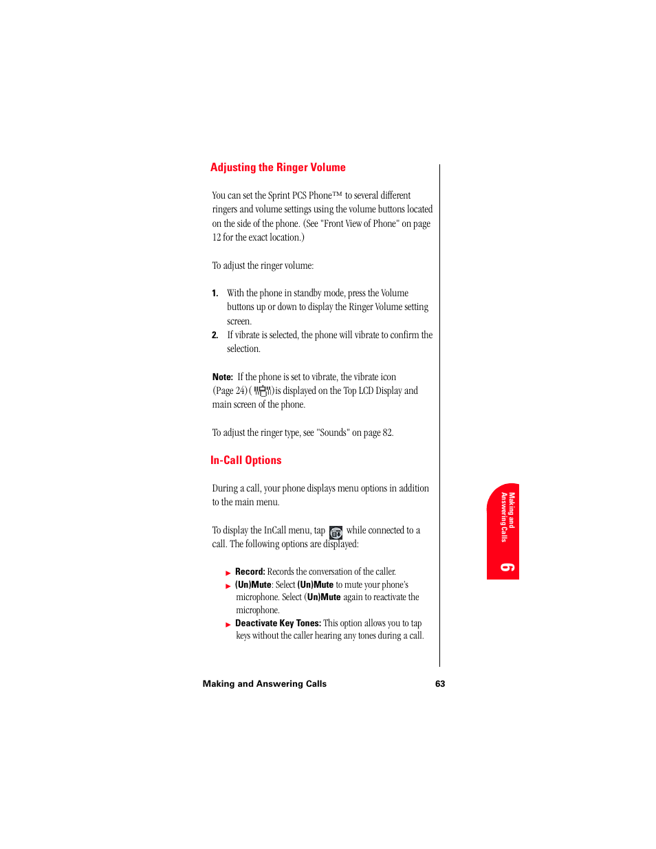 Adjusting the ringer volume, In-call options | Samsung 010505D5 User Manual | Page 66 / 307