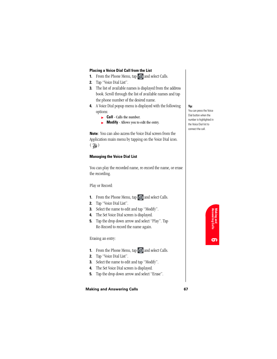Placing a voice dial call from the list, Managing the voice dial list | Samsung 010505D5 User Manual | Page 70 / 307