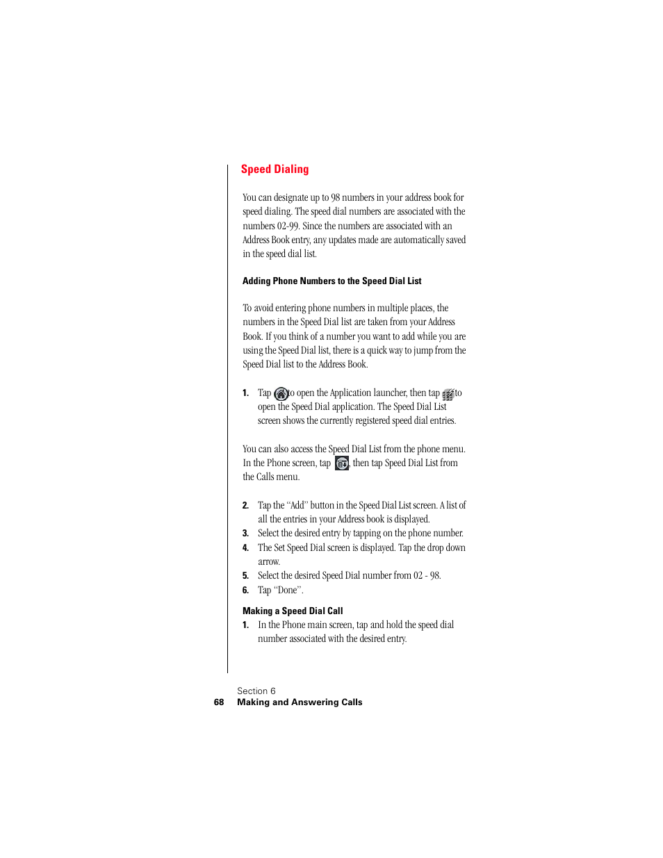 Speed dialing, Adding phone numbers to the speed dial list, Making a speed dial call | Samsung 010505D5 User Manual | Page 71 / 307