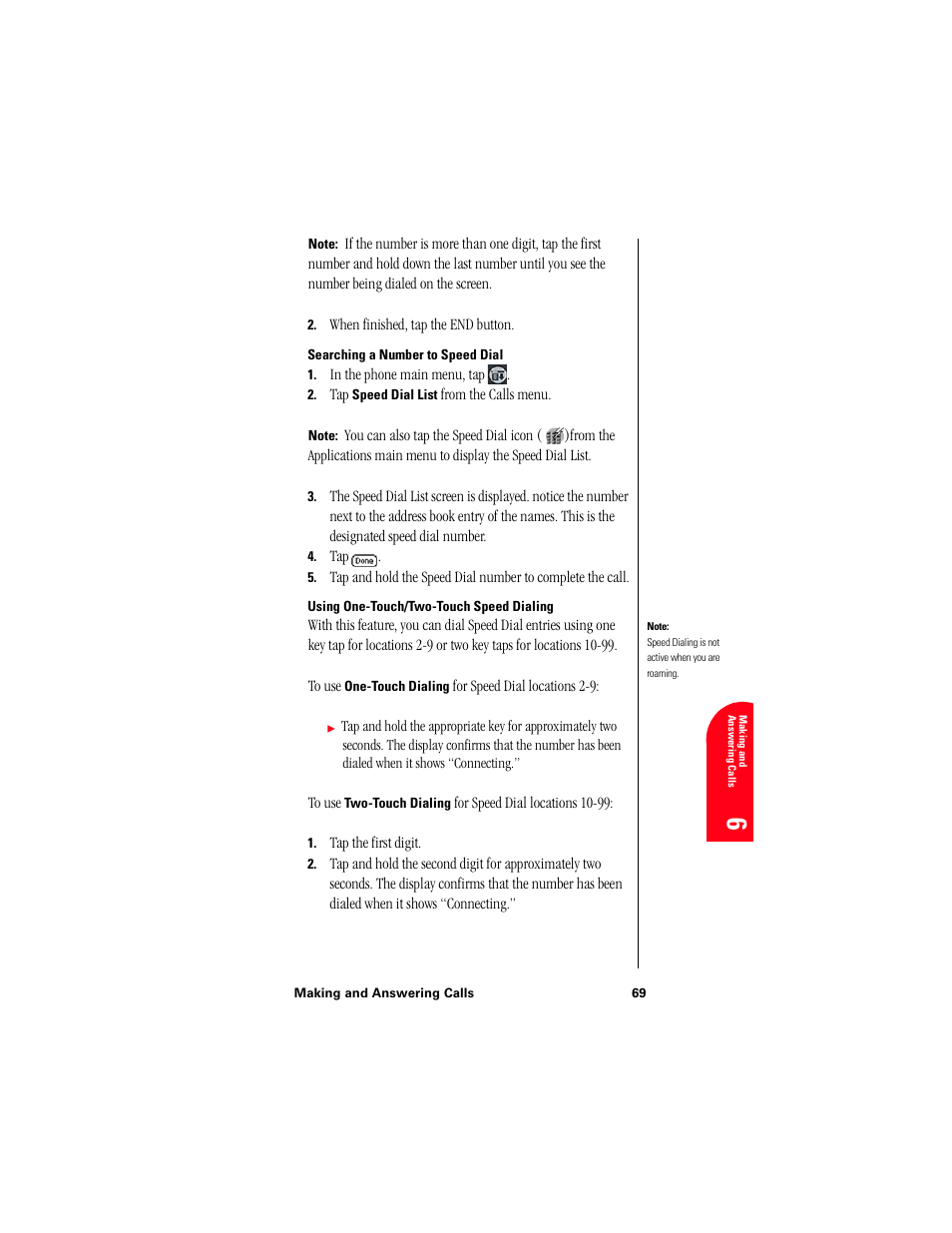 Searching a number to speed dial, Using one-touch/two-touch speed dialing | Samsung 010505D5 User Manual | Page 72 / 307