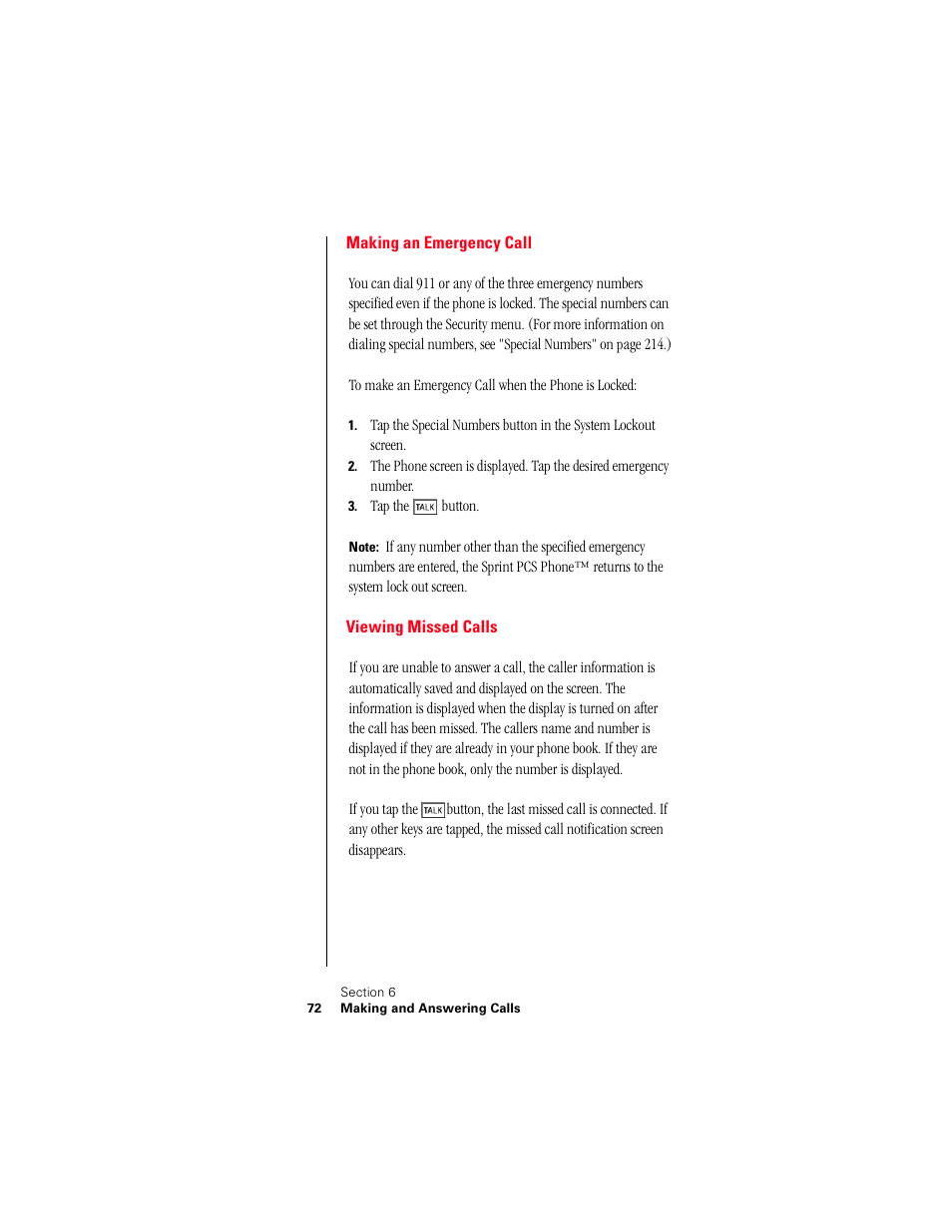 Making an emergency call, Viewing missed calls | Samsung 010505D5 User Manual | Page 75 / 307