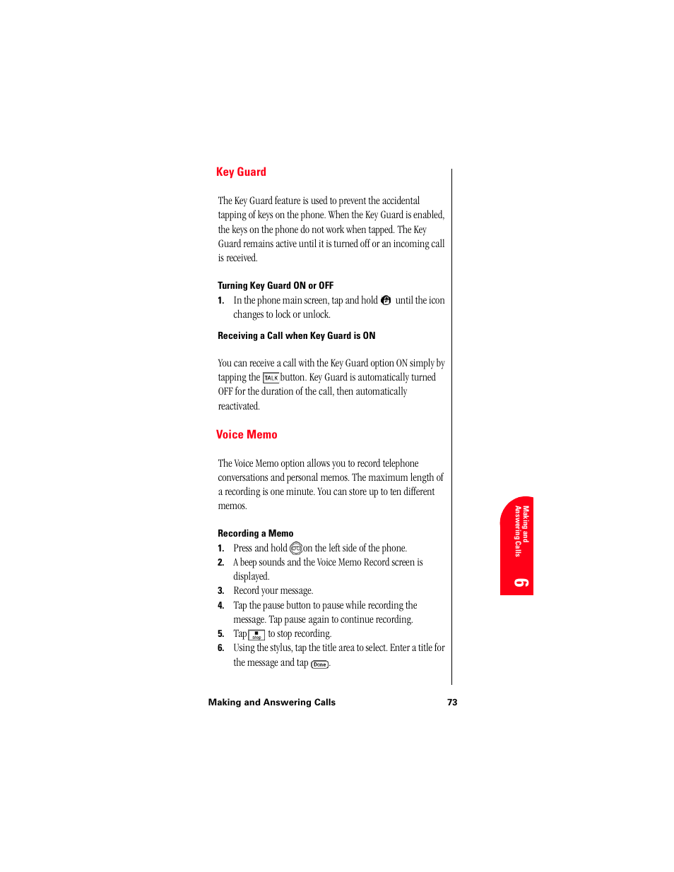 Key guard, Turning key guard on or off, Receiving a call when key guard is on | Voice memo, Recording a memo | Samsung 010505D5 User Manual | Page 76 / 307