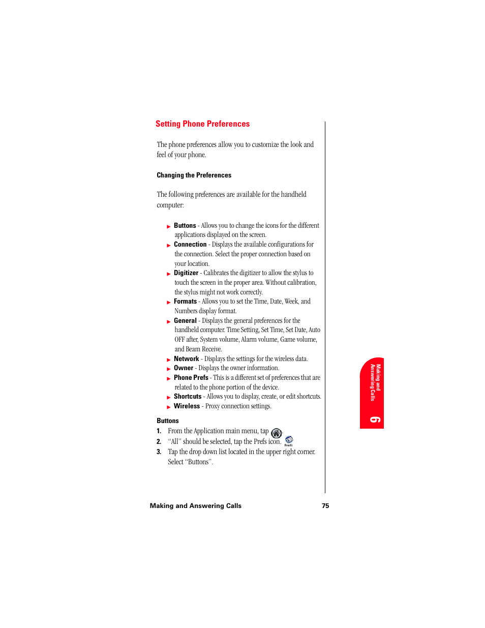 Setting phone preferences, Changing the preferences, Buttons | Samsung 010505D5 User Manual | Page 78 / 307