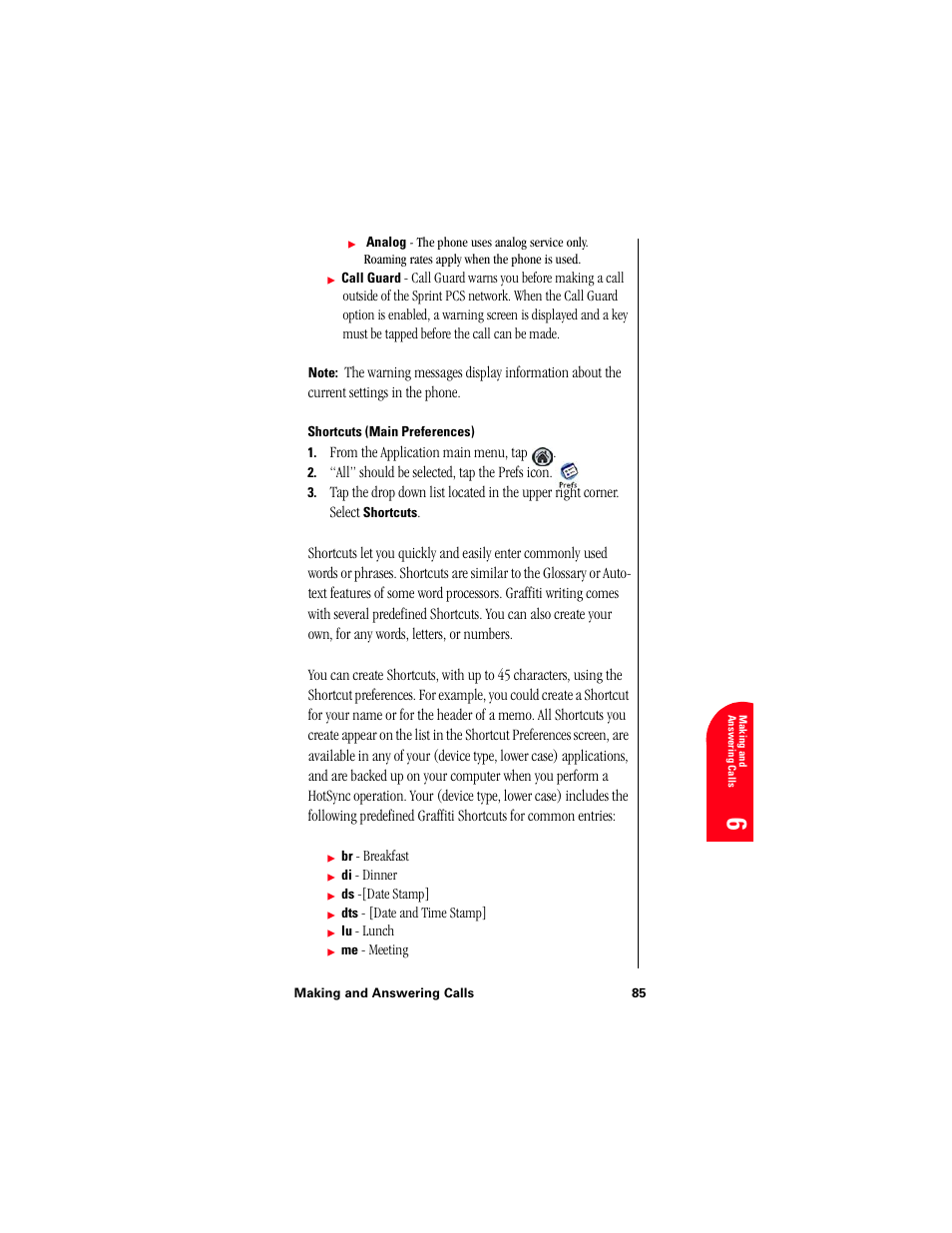 Shortcuts (main preferences) | Samsung 010505D5 User Manual | Page 88 / 307