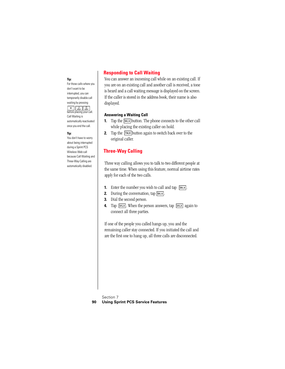 Responding to call waiting, Answering a waiting call, Three-way calling | Samsung 010505D5 User Manual | Page 93 / 307