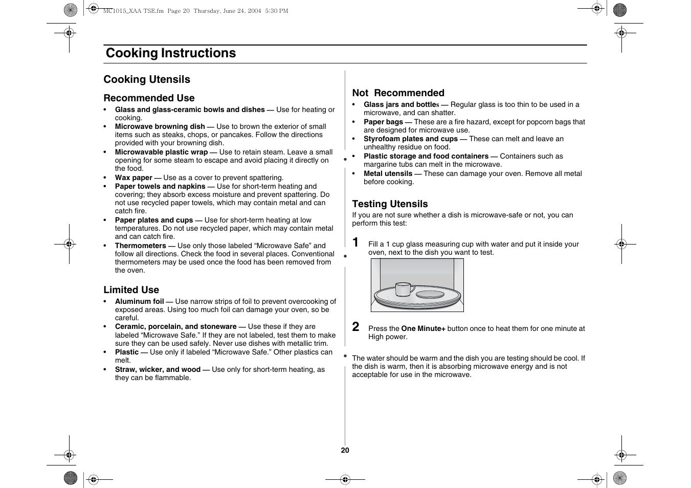 Cooking instructions | Samsung MC1015 User Manual | Page 20 / 36