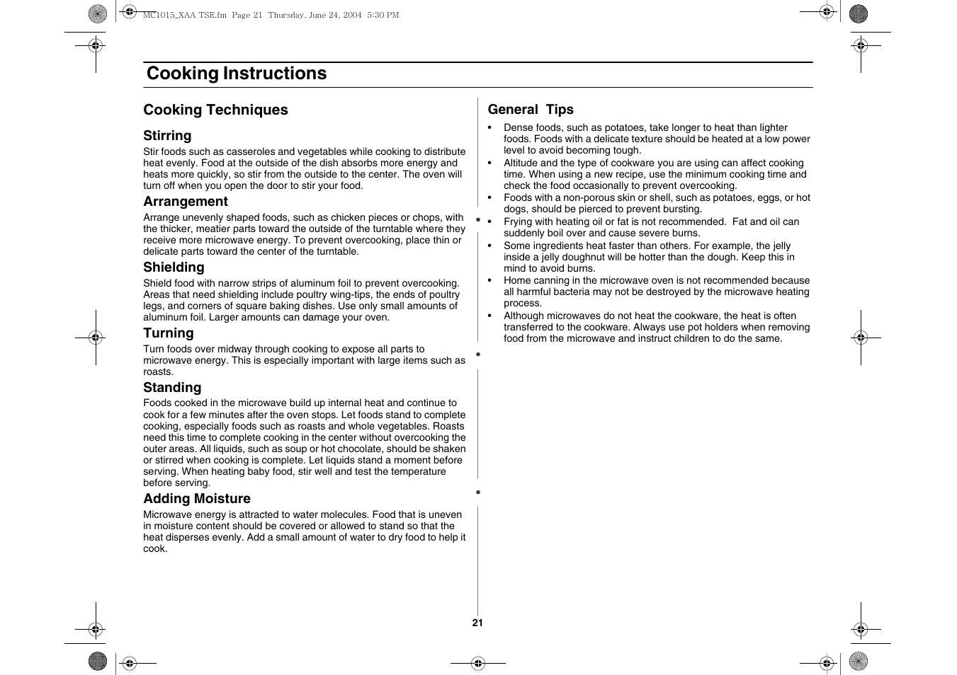 Cooking instructions | Samsung MC1015 User Manual | Page 21 / 36