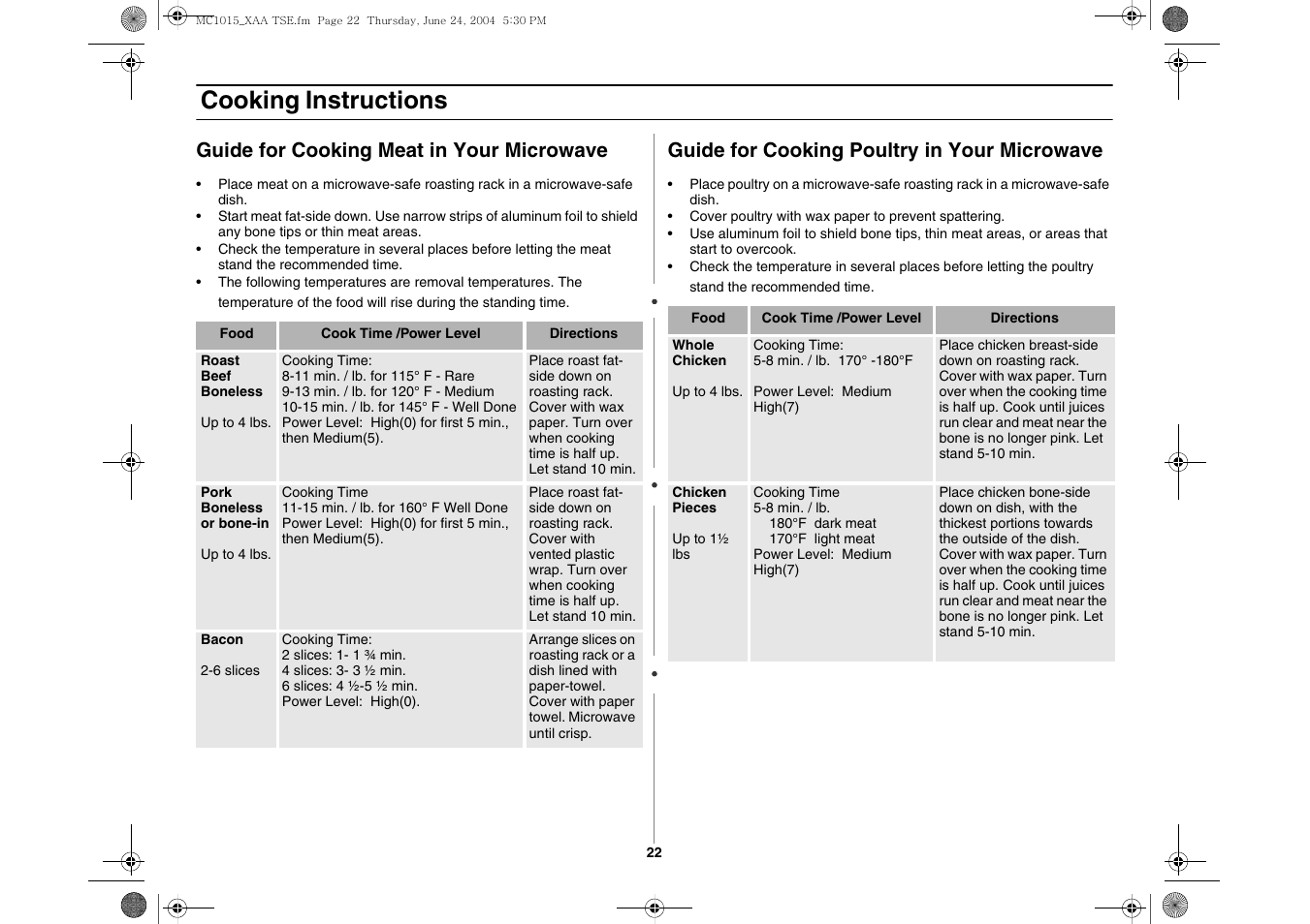 Cooking instructions, Guide for cooking meat in your microwave, Guide for cooking poultry in your microwave | Samsung MC1015 User Manual | Page 22 / 36