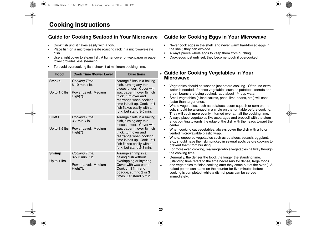 Cooking instructions, Guide for cooking seafood in your microwave, Guide for cooking eggs in your microwave | Guide for cooking vegetables in your microwave | Samsung MC1015 User Manual | Page 23 / 36