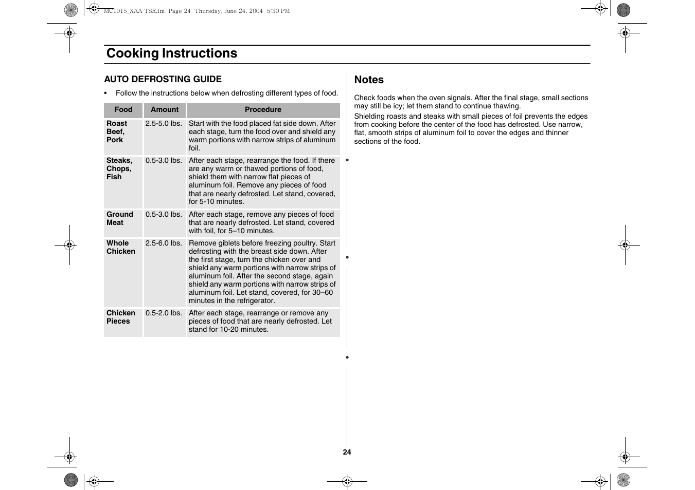 Cooking instructions | Samsung MC1015 User Manual | Page 24 / 36