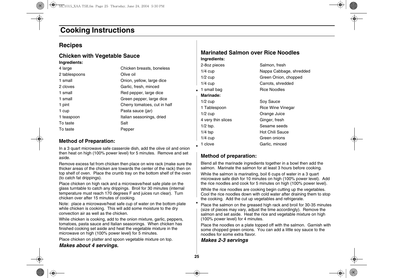 Cooking instructions, Recipes | Samsung MC1015 User Manual | Page 25 / 36