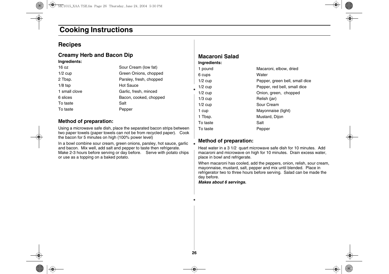 Cooking instructions, Recipes | Samsung MC1015 User Manual | Page 26 / 36