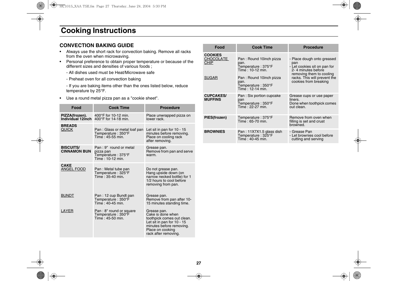 Cooking instructions | Samsung MC1015 User Manual | Page 27 / 36