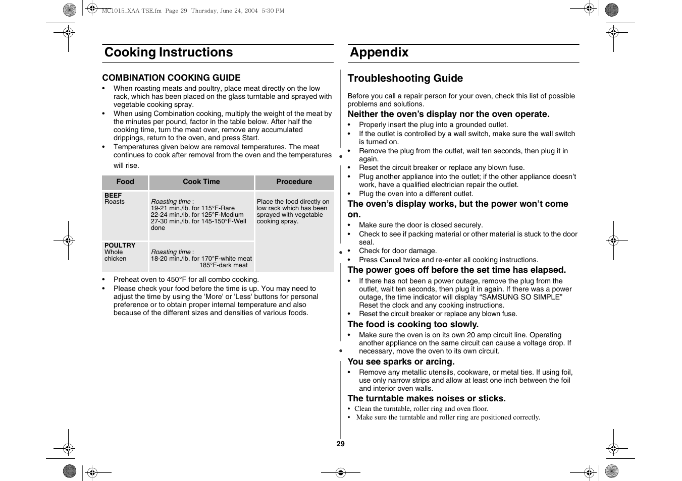 Appendix, Cooking instructions, Troubleshooting guide | Samsung MC1015 User Manual | Page 29 / 36