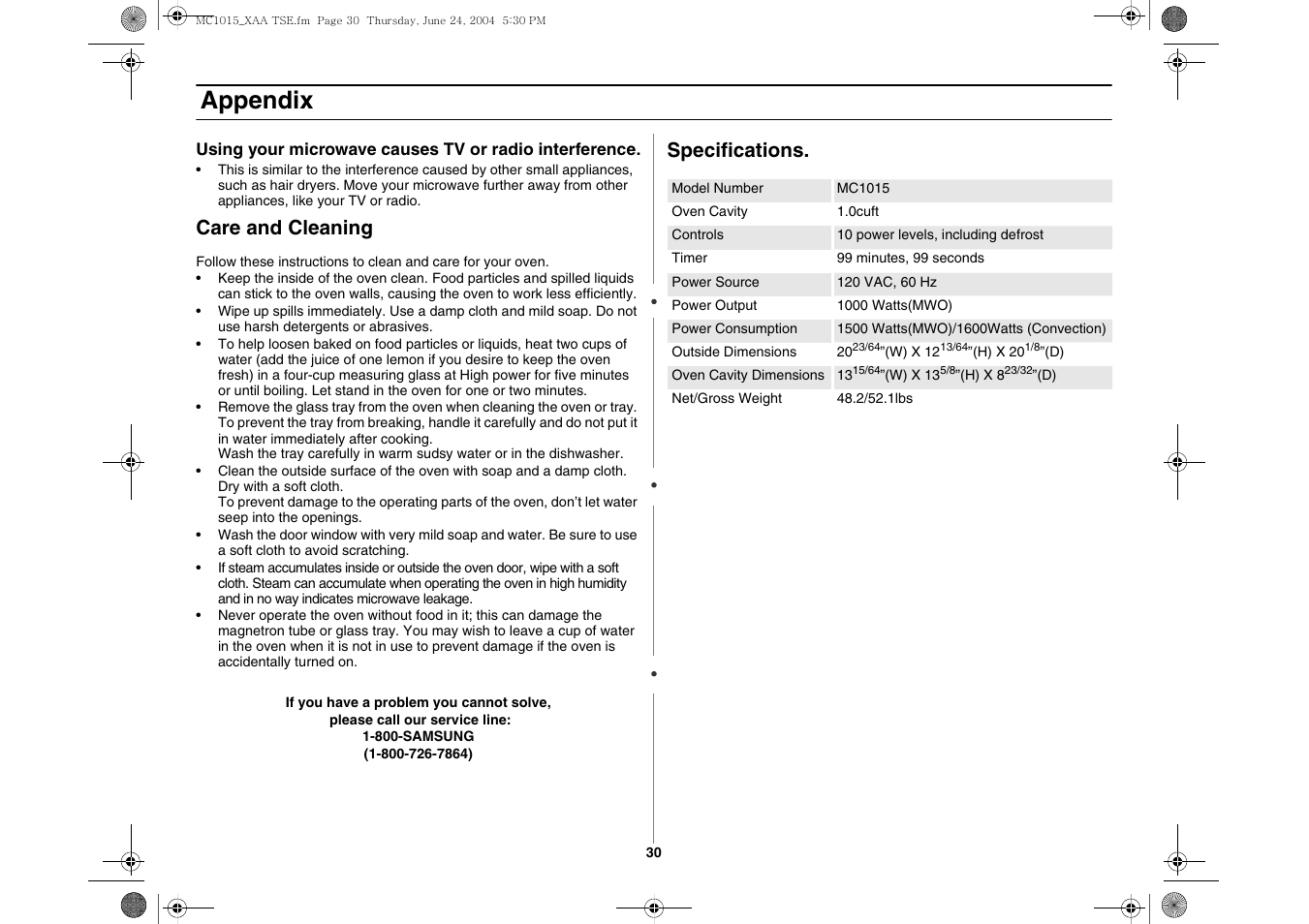 Appendix, Care and cleaning, Specifications | Samsung MC1015 User Manual | Page 30 / 36