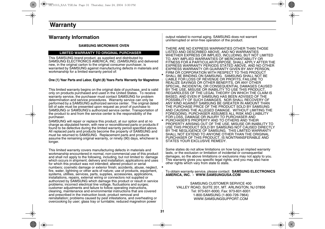 Warranty, Warranty information | Samsung MC1015 User Manual | Page 31 / 36