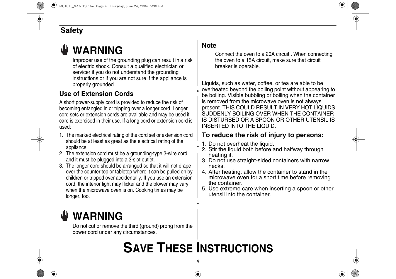 Hese, Nstructions, Warning | Samsung MC1015 User Manual | Page 4 / 36