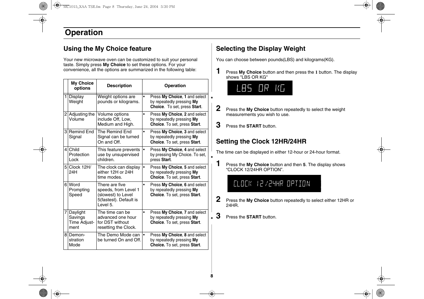 Operation | Samsung MC1015 User Manual | Page 8 / 36