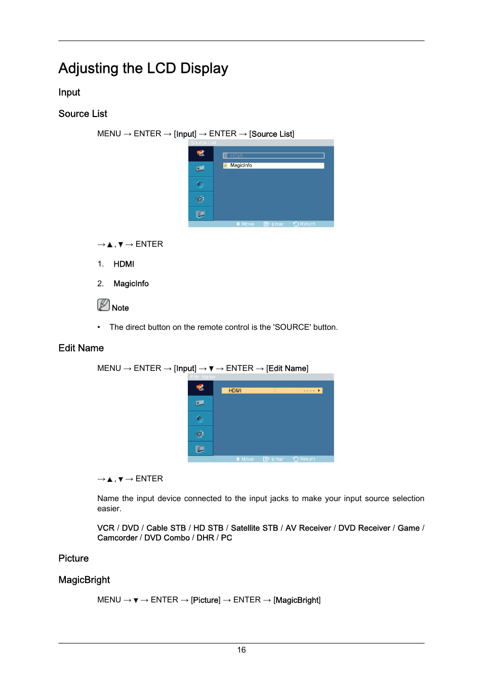 Adjusting the lcd display, Input, Source list | Edit name, Picture, Magicbright | Samsung SYNCMASTER 460TMN User Manual | Page 17 / 59