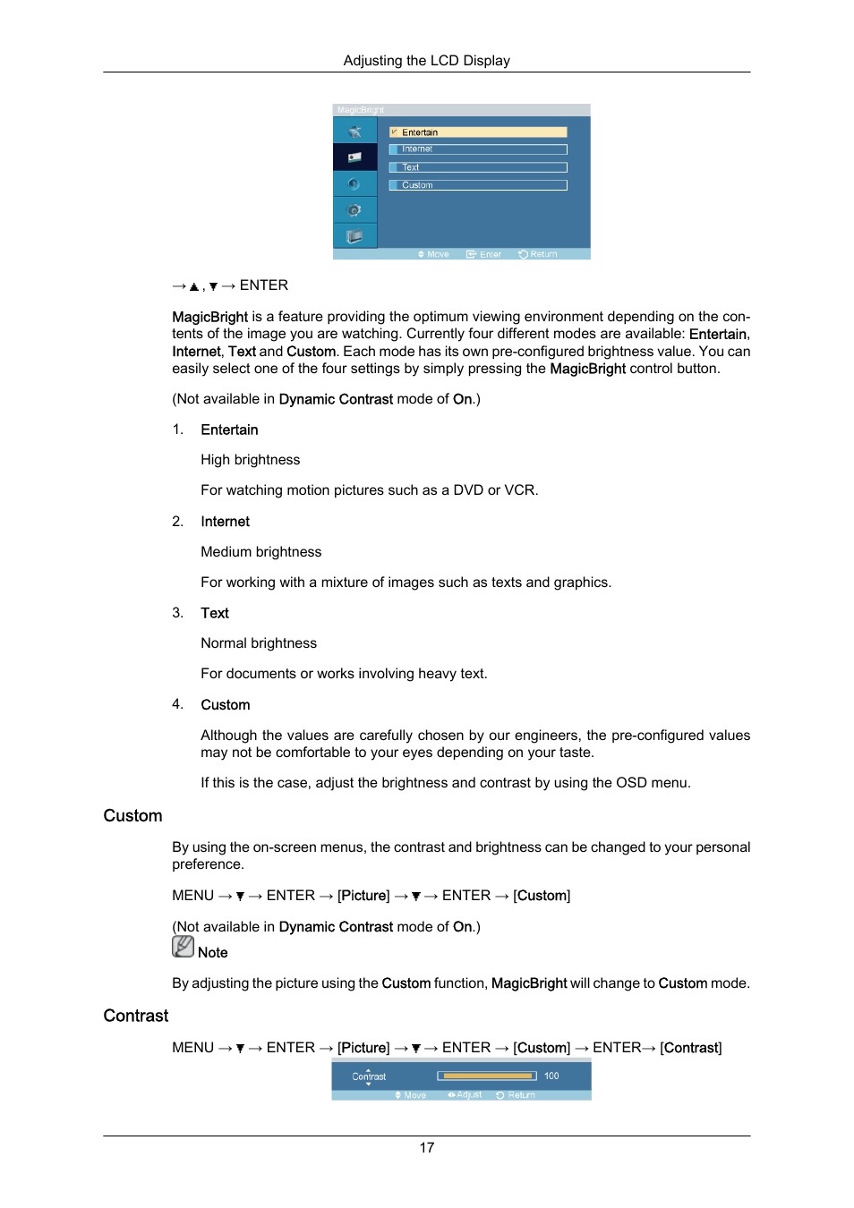 Custom, Contrast | Samsung SYNCMASTER 460TMN User Manual | Page 18 / 59