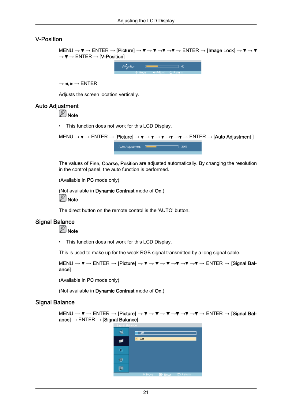 V-position, Auto adjustment, Signal balance | Samsung SYNCMASTER 460TMN User Manual | Page 22 / 59