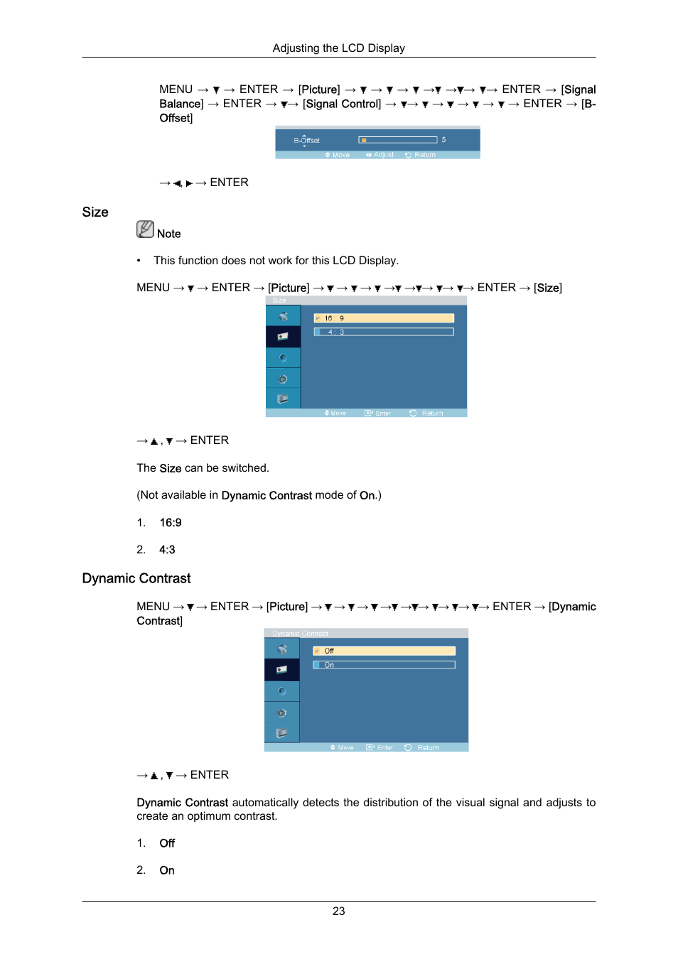 Size, Dynamic contrast | Samsung SYNCMASTER 460TMN User Manual | Page 24 / 59