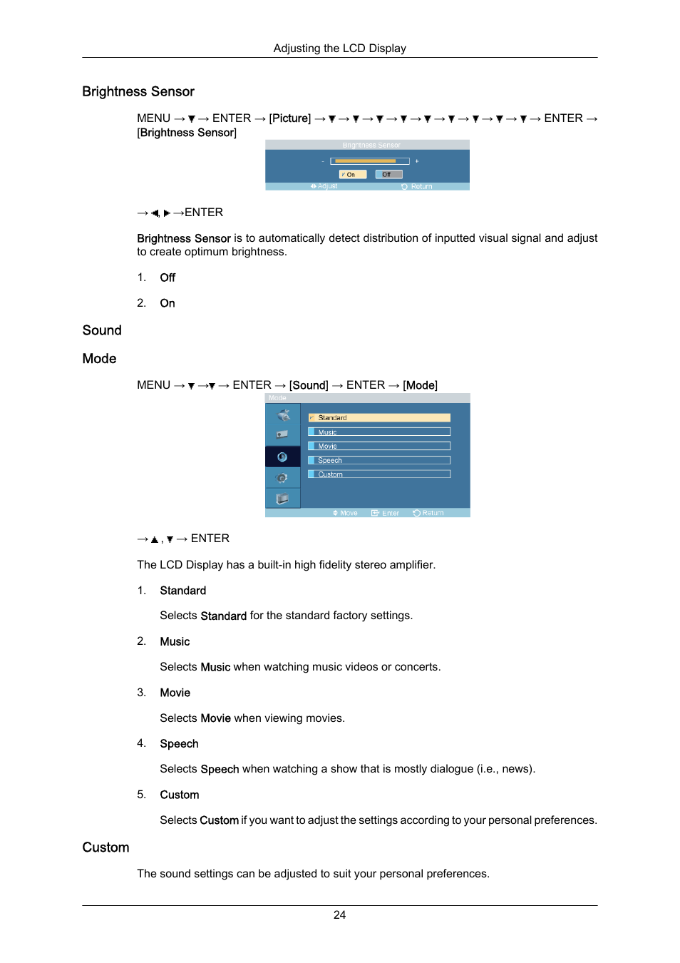 Brightness sensor, Sound, Mode | Custom | Samsung SYNCMASTER 460TMN User Manual | Page 25 / 59