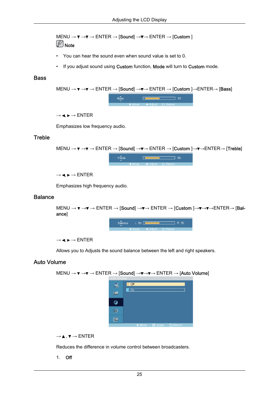 Bass, Treble, Balance | Auto volume | Samsung SYNCMASTER 460TMN User Manual | Page 26 / 59