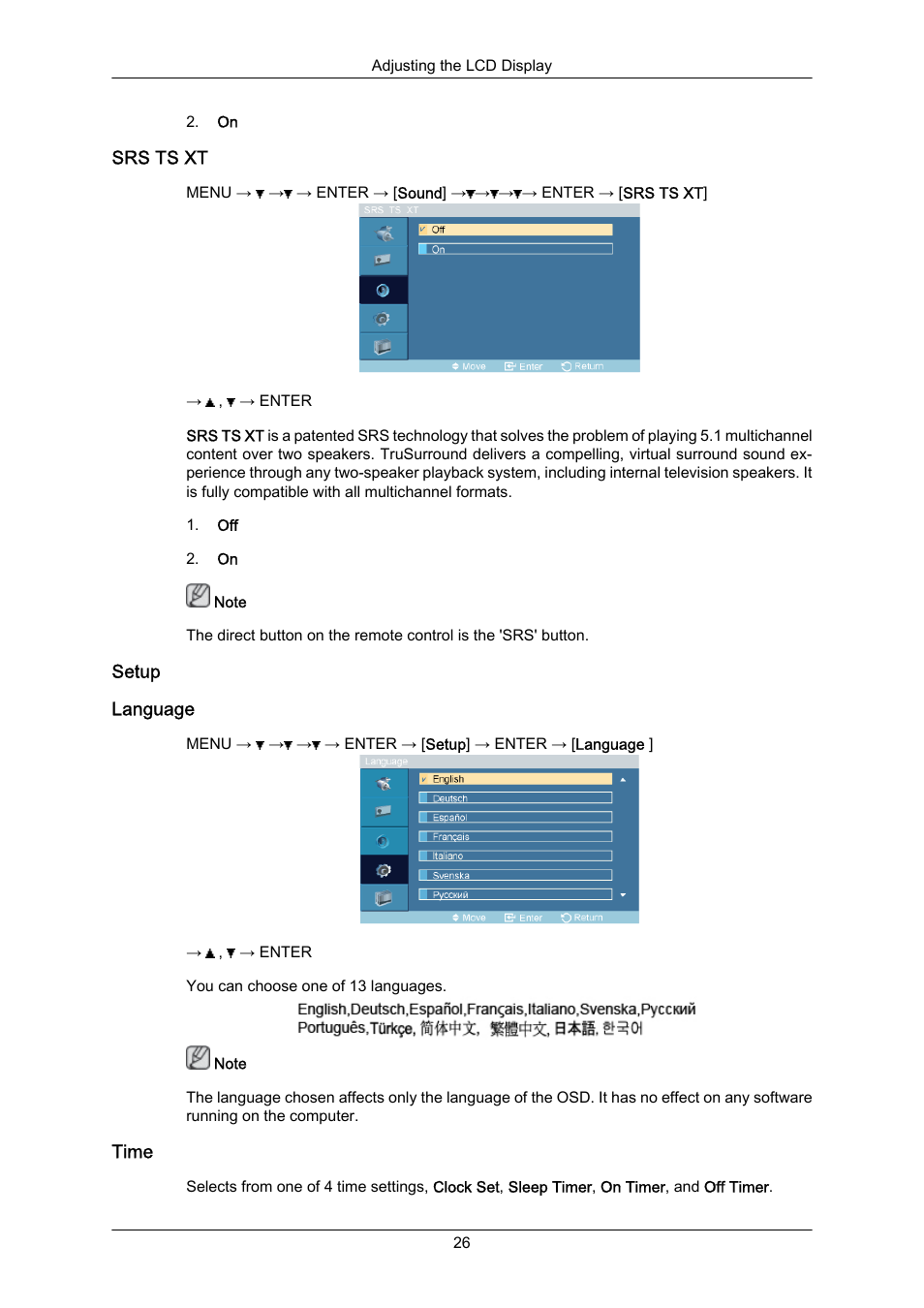 Srs ts xt, Setup, Language | Time | Samsung SYNCMASTER 460TMN User Manual | Page 27 / 59