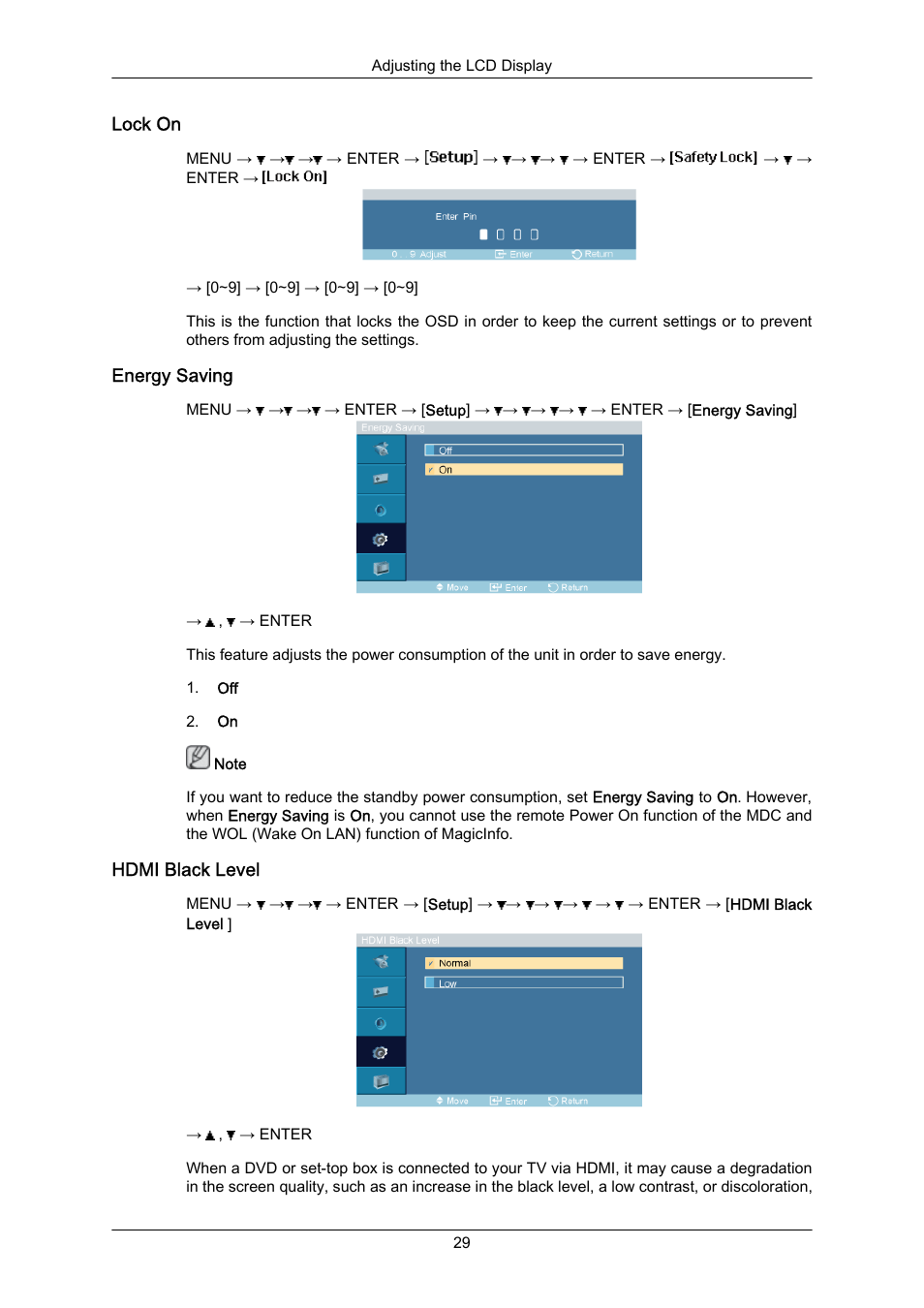 Lock on, Energy saving, Hdmi black level | Samsung SYNCMASTER 460TMN User Manual | Page 30 / 59
