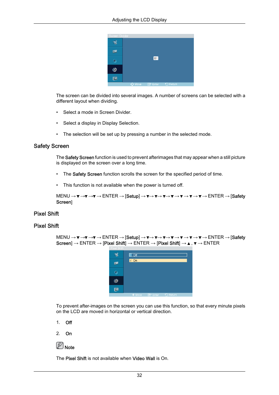 Safety screen, Pixel shift | Samsung SYNCMASTER 460TMN User Manual | Page 33 / 59