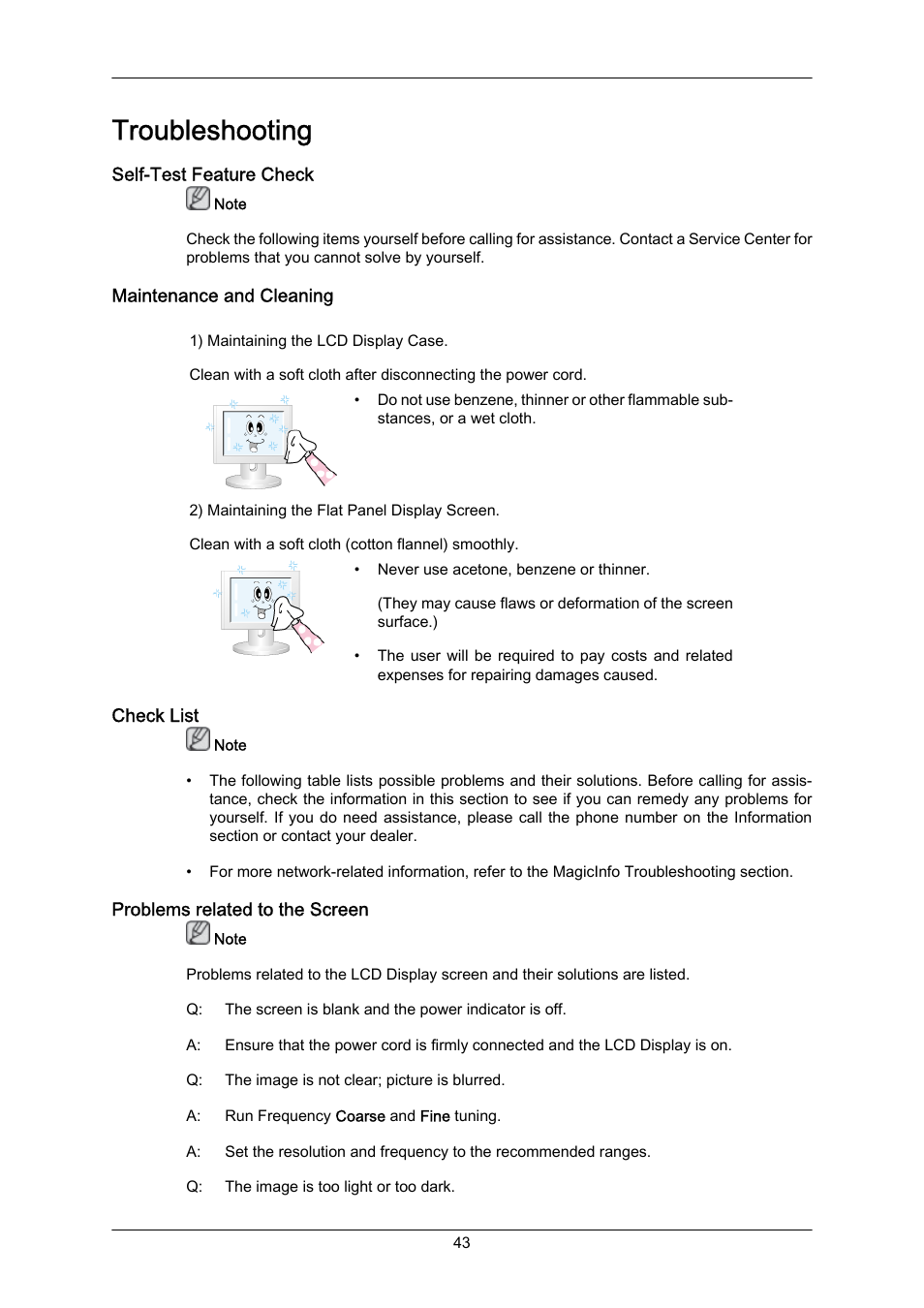 Troubleshooting, Self-test feature check, Maintenance and cleaning | Check list, Problems related to the screen | Samsung SYNCMASTER 460TMN User Manual | Page 44 / 59