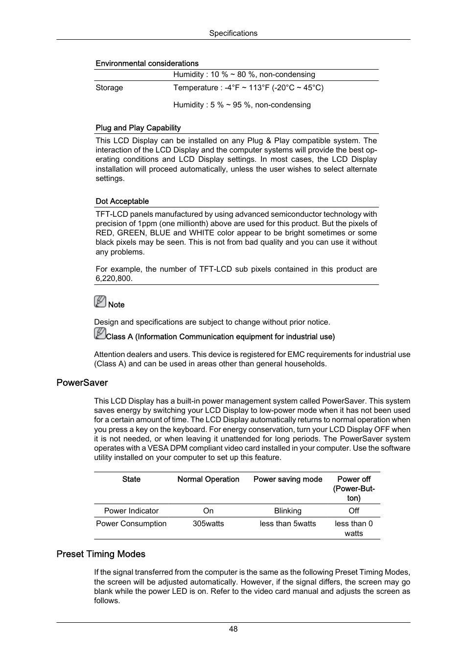 Powersaver, Preset timing modes | Samsung SYNCMASTER 460TMN User Manual | Page 48 / 59