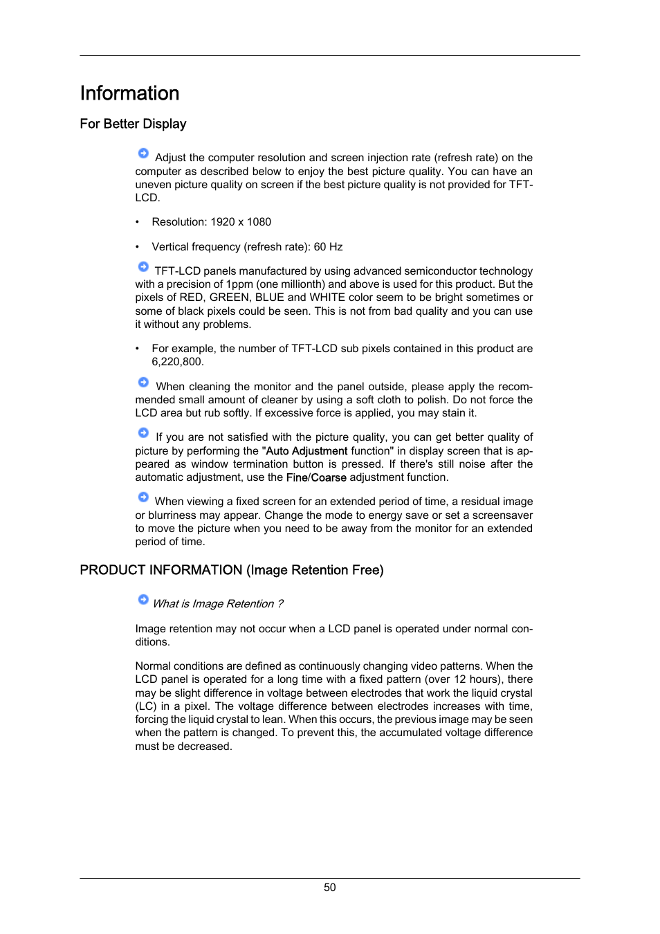 Information, For better display, Product information (image retention free) | Samsung SYNCMASTER 460TMN User Manual | Page 50 / 59