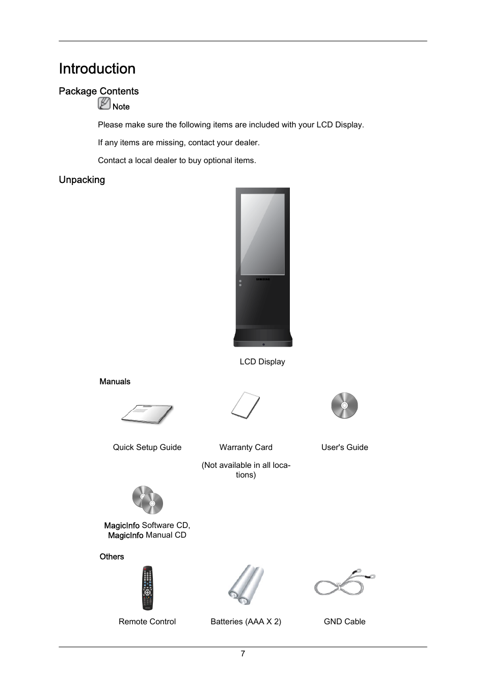 Introduction, Package contents, Unpacking | Samsung SYNCMASTER 460TMN User Manual | Page 8 / 59