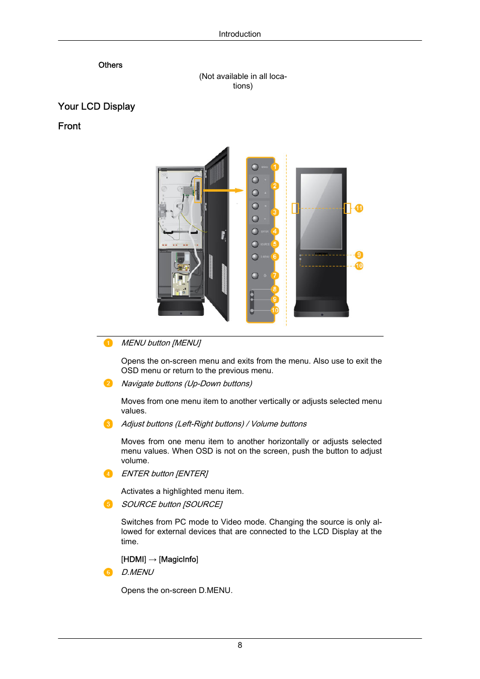 Your lcd display, Front | Samsung SYNCMASTER 460TMN User Manual | Page 9 / 59