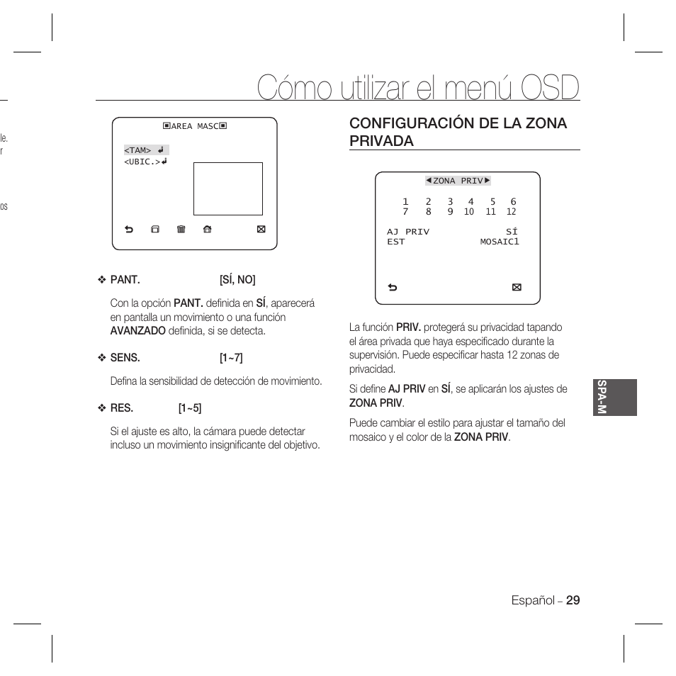 Cómo utilizar el menú osd, Configuración de la zona privada | Samsung DOME SCC-B5369 User Manual | Page 102 / 146