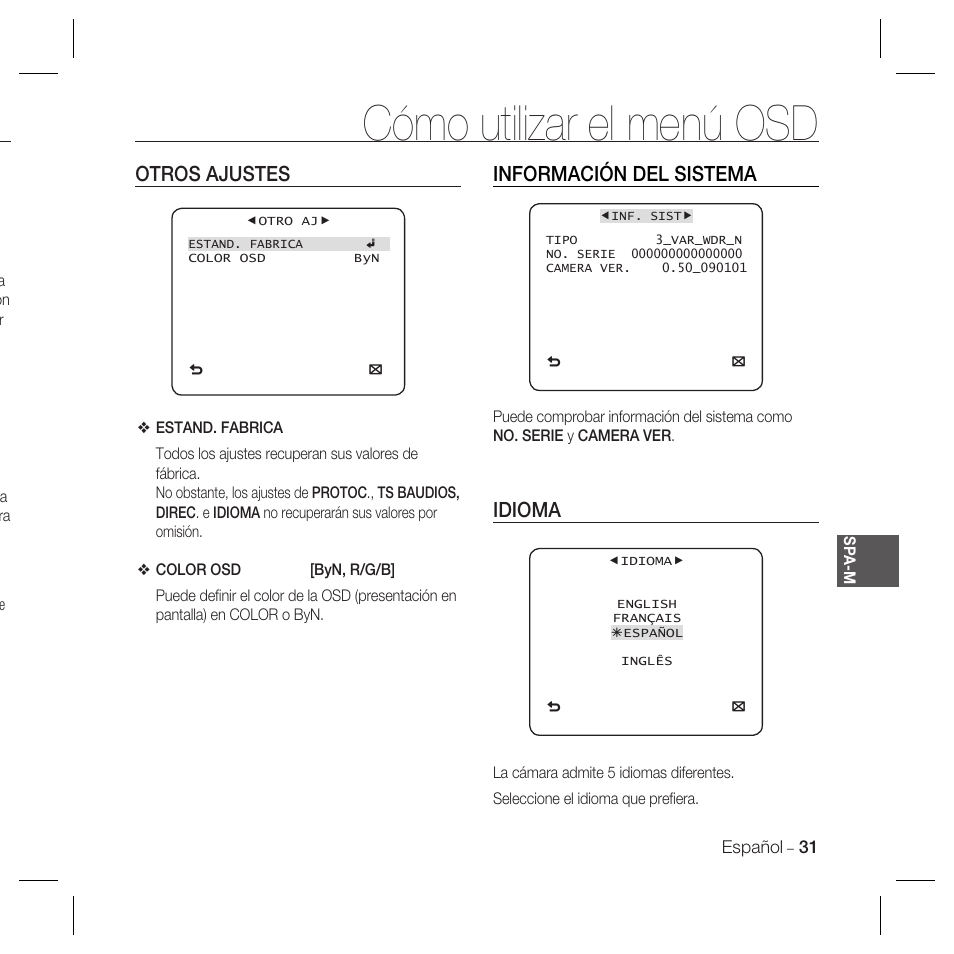 Cómo utilizar el menú osd, Otros ajustes, Información del sistema | Idioma | Samsung DOME SCC-B5369 User Manual | Page 104 / 146