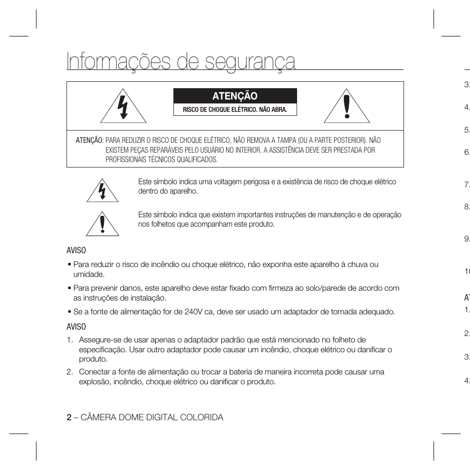Informações de segurança, Atenção | Samsung DOME SCC-B5369 User Manual | Page 112 / 146