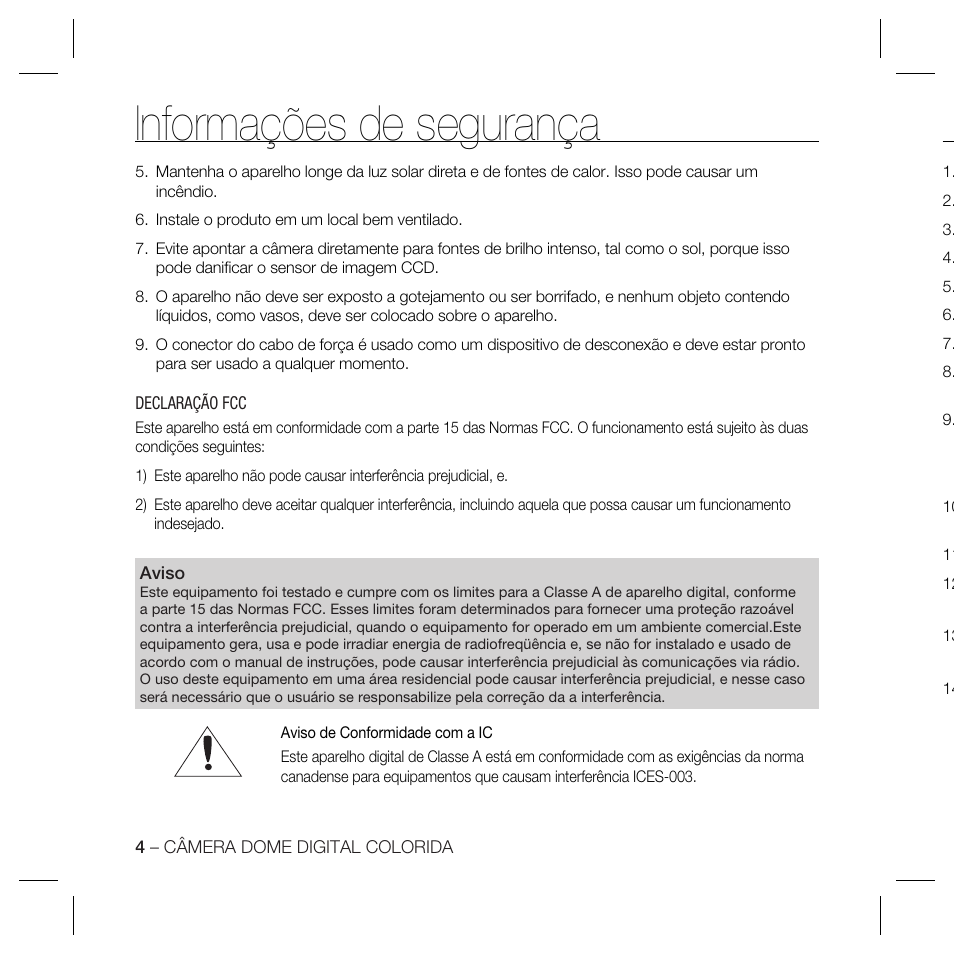 Informações de segurança | Samsung DOME SCC-B5369 User Manual | Page 114 / 146