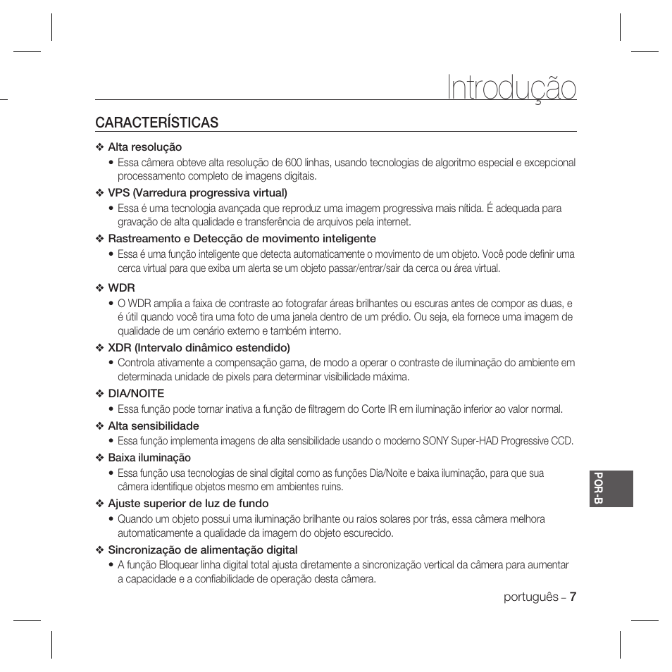 Introdução, Características | Samsung DOME SCC-B5369 User Manual | Page 117 / 146