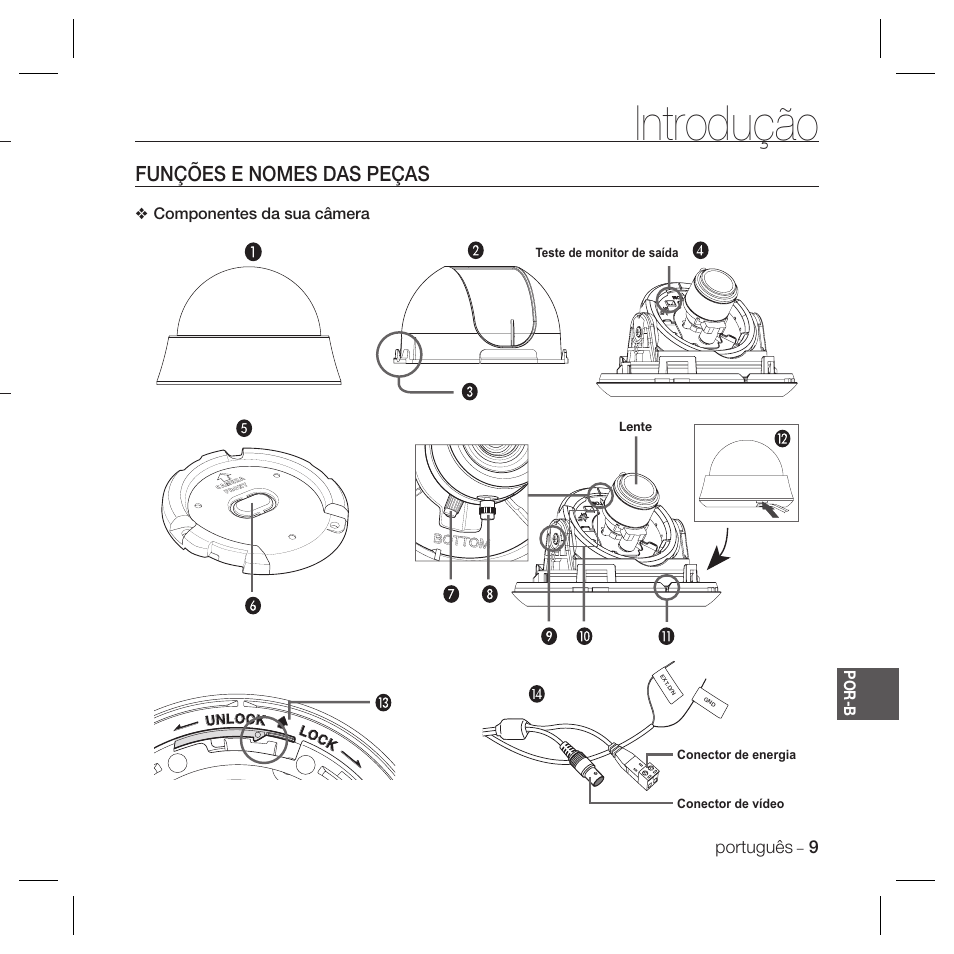 Introdução, Funções e nomes das peças | Samsung DOME SCC-B5369 User Manual | Page 119 / 146