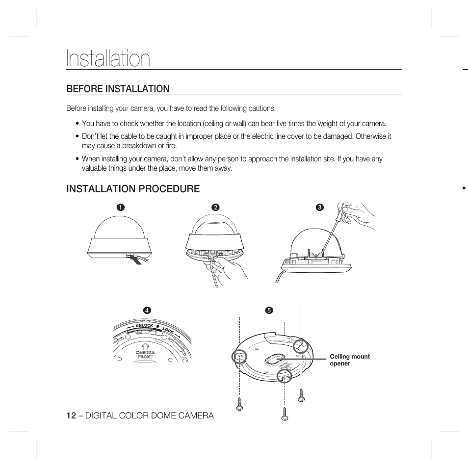 Installation | Samsung DOME SCC-B5369 User Manual | Page 12 / 146