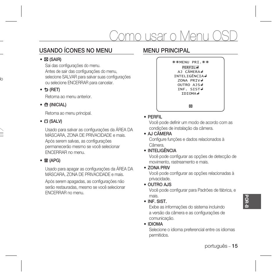 Como usar o menu osd, Usando ícones no menu, Menu principal | Samsung DOME SCC-B5369 User Manual | Page 125 / 146