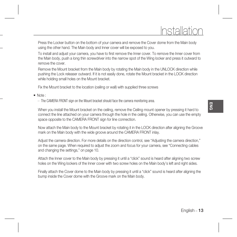Installation | Samsung DOME SCC-B5369 User Manual | Page 13 / 146