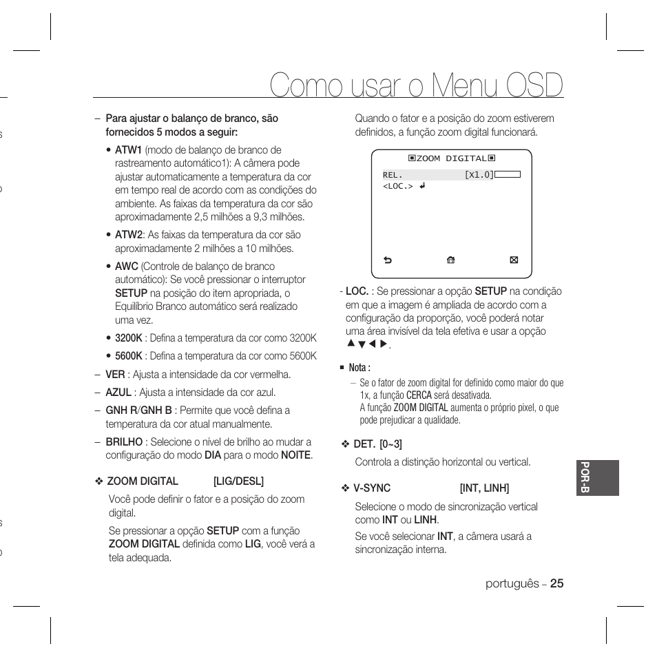 Como usar o menu osd | Samsung DOME SCC-B5369 User Manual | Page 135 / 146