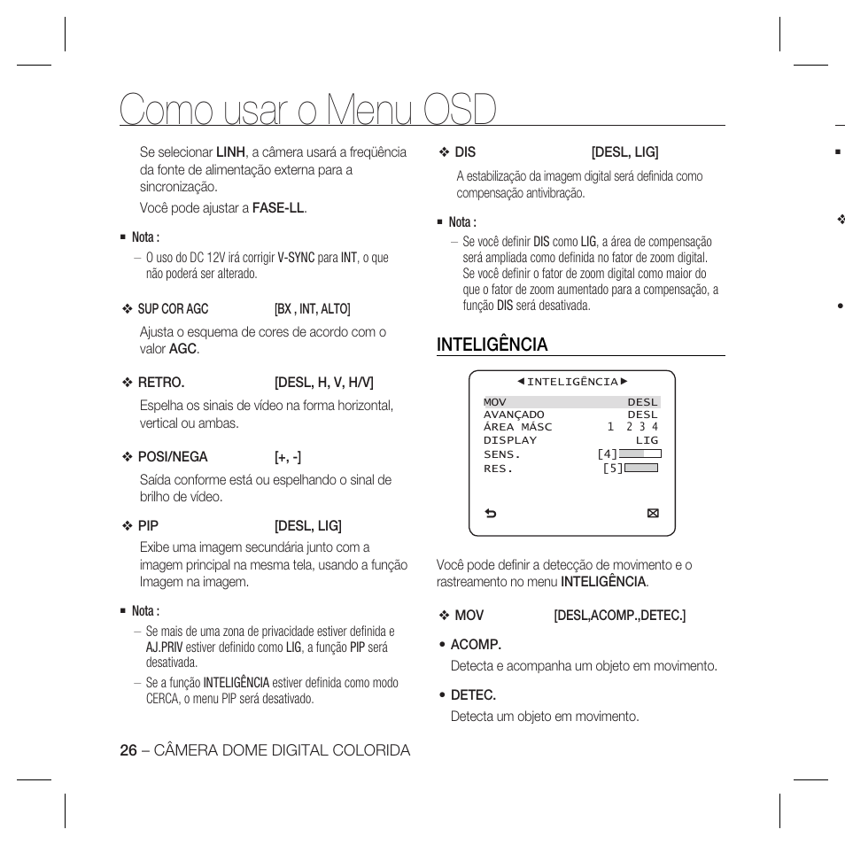 Como usar o menu osd, Inteligência | Samsung DOME SCC-B5369 User Manual | Page 136 / 146