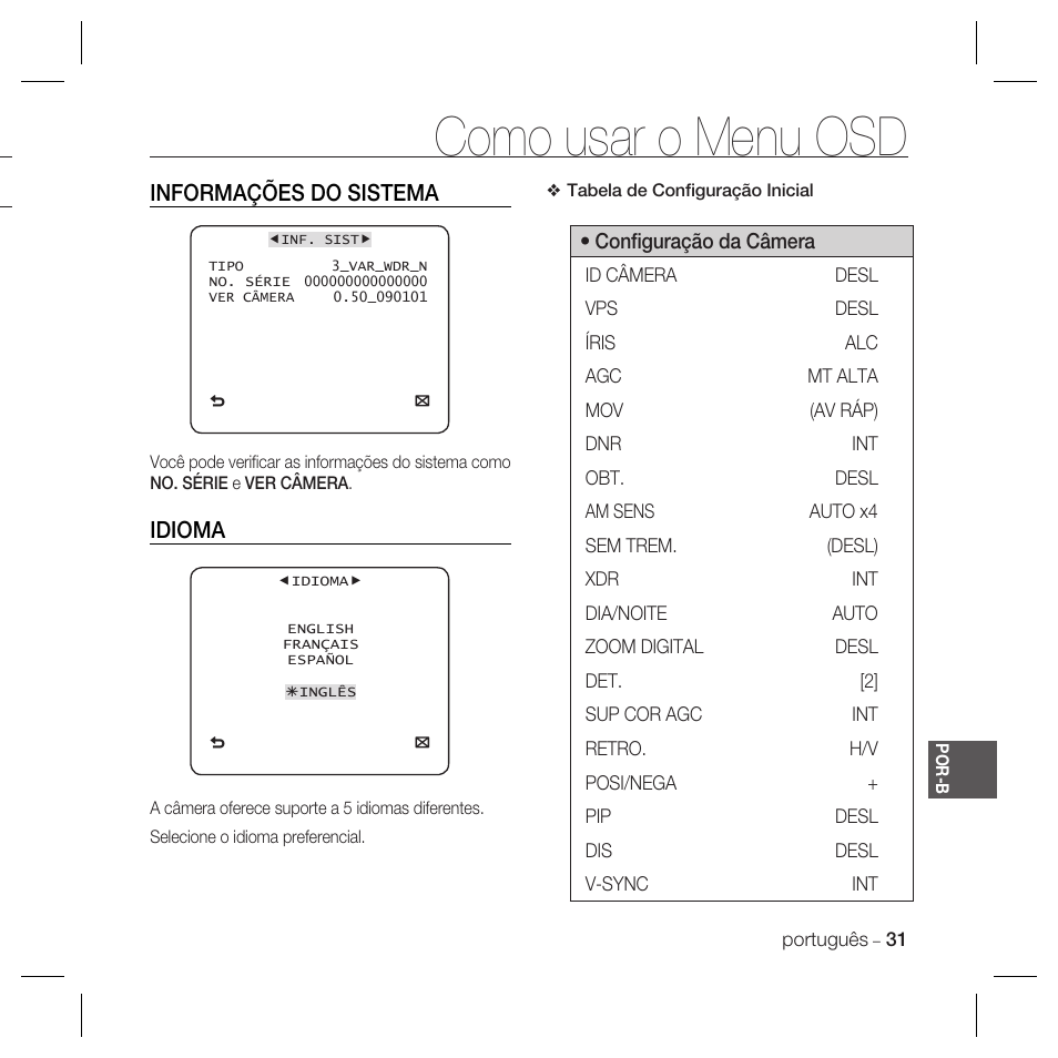 Como usar o menu osd, Informações do sistema, Idioma | Samsung DOME SCC-B5369 User Manual | Page 141 / 146