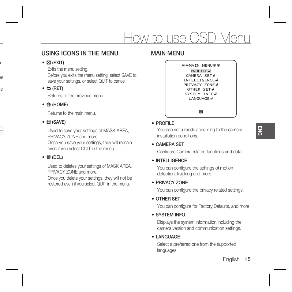 How to use osd menu, Using icons in the menu, Main menu | Samsung DOME SCC-B5369 User Manual | Page 15 / 146